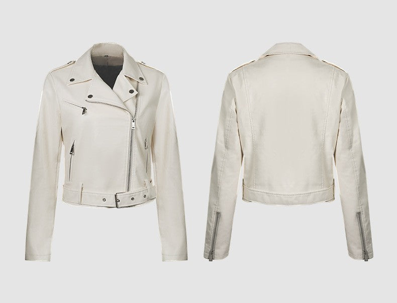 Women's Bright Red Long-sleeve PU Jacket, Lapel Collar Black Short Faux Leather Coat, Available in Dark Brown or Beige.