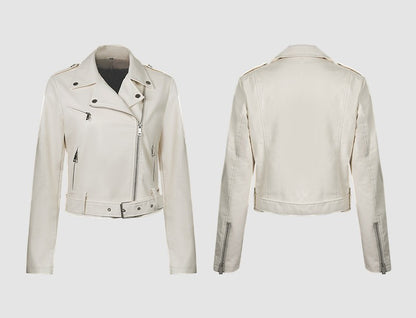 Women's Bright Red Long-sleeve PU Jacket, Lapel Collar Black Short Faux Leather Coat, Available in Dark Brown or Beige.