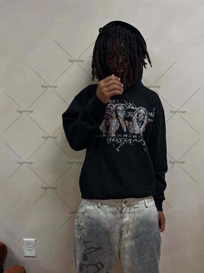 Gothic Punk Y2K Harajuku Graphic Hoodie Men American Retro Gray Casual Oversized Sweatshirt Hip Hop Trendy New Streetwear Women