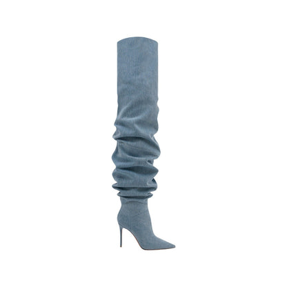 Women's New Pointed Pleated High-heeled Knee High Boots, Autumn and Winter Suede Thigh Boots, Women's Plus Size Stacking Boots