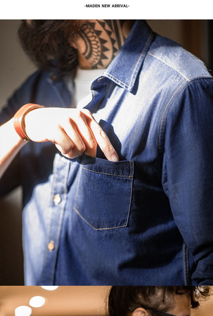 Maden Men Vintage Single Pocket Workwear Denim Shirt Long Sleeved Slim Fit Casual Shirt Single Breasted Turn-Down Collar Blouse