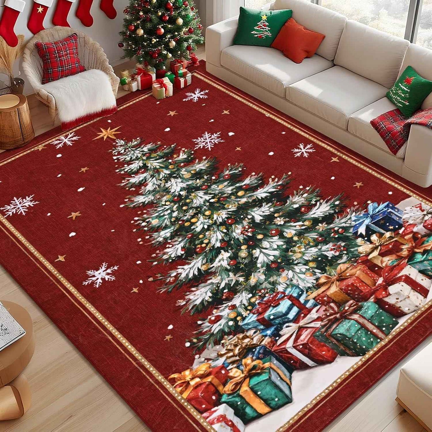 Christmas Rug Washable Non Slip Vintage Christmas Tree Living Room Entryway Mat Indoor for Bedroom Dining Room Playroom Carpet