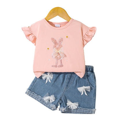 Clothes Set for 0-3Years Baby Girl Cute Cartoon Pattern Bow Short Sleeve Top + Denim Shorts Summer Costume for Toddler Girl