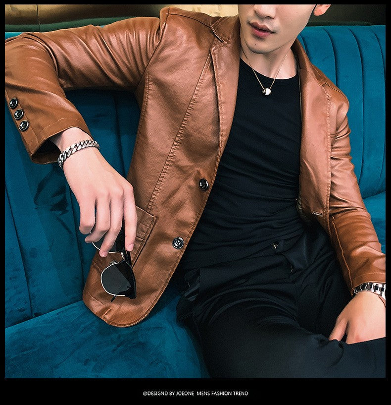 Spring/Autumn Leather Jacket - Plus Size Men's Youth Suit Collar Business Casual Leather Jacket European Sizes XS-3XL