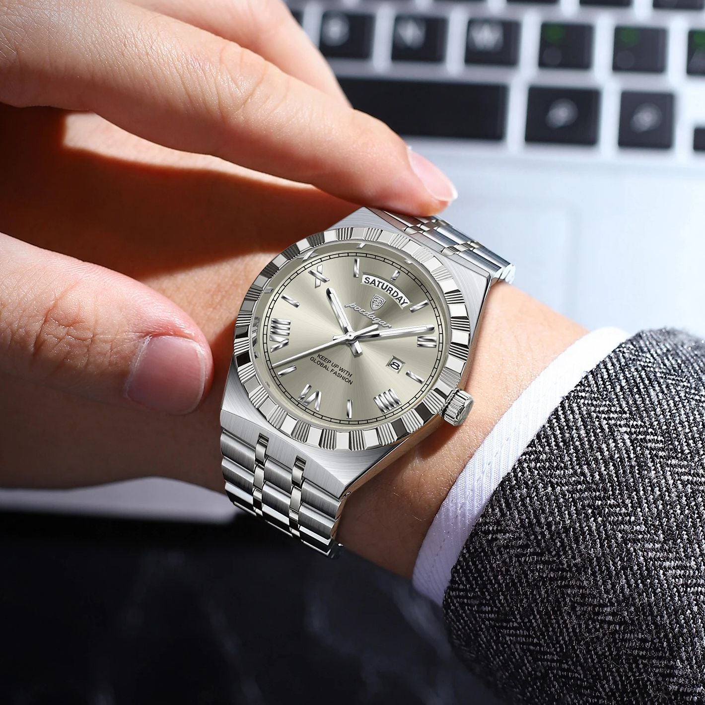 POEDAGAR Luxury Business Man Watch Week Date Waterproof Luminous Watches For Men Stainless Steel Quartz Fashion Men's Wristwatch