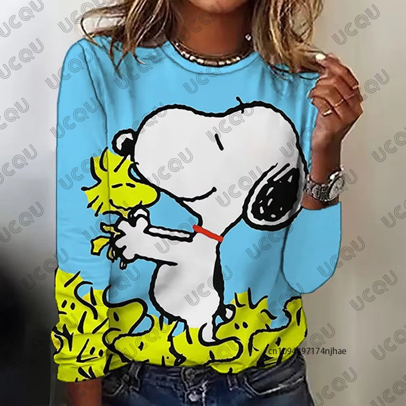 Autumn Winter New Cartoon Snoopy Print Women's Long Sleeve T-shirt Fashion O-neck Tees Casual Sweatshirt Oversize Female Clothes