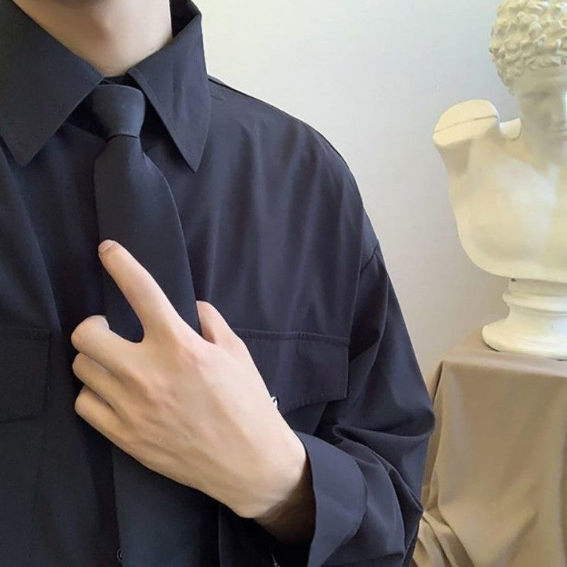 Gmiixder Cargo Long-sleeve Shirt with Tie Men's Oversize Kpop Shirt Korean Streetwear Versatile Motorcycle Pocket Streamers Coat