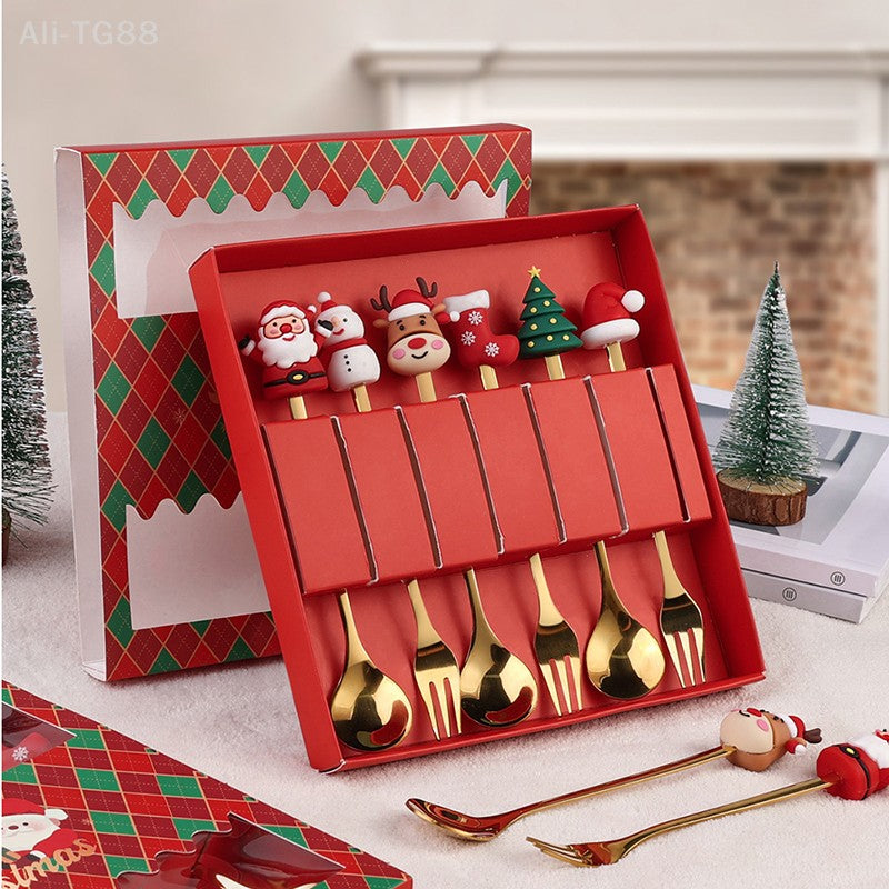 Stainless Steel Christmas Fork And Spoon Set with Gift Box for Coffee Tea Dessert Tableware