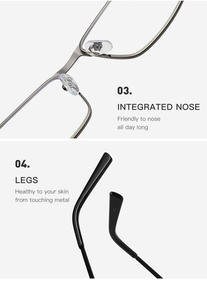Óculos de Leitura Masculinos Retangulares de Metal com Armação Grande, Hastes Flexíveis, Óculos de Presbiopia para Idosos com Bloqueio de Luz Azul e Proteção para os Olhos