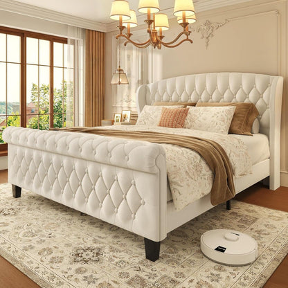 Cama Queen, Estrutura de Cama Estofada em Veludo de 99cm de Altura com Cabeceira e Peseira em Sleigh, Não Requer Box Spring,