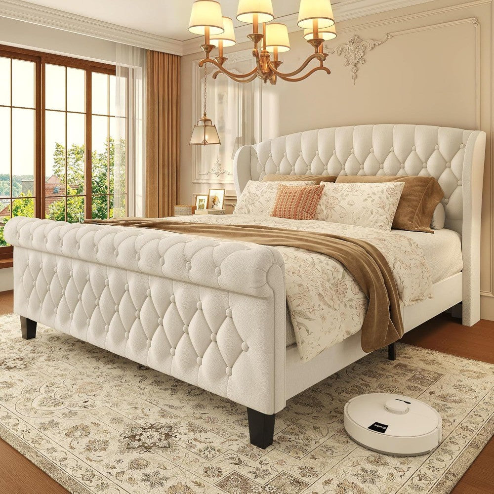 Cama Queen, Estrutura de Cama Estofada em Veludo de 99cm de Altura com Cabeceira e Peseira em Sleigh, Não Requer Box Spring,