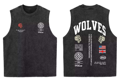 2025 summer American vintage Washed men's T shirt Wolf Head Print Tank Top Gym Fitness Sleeveless T shirt Exercise Vest Women