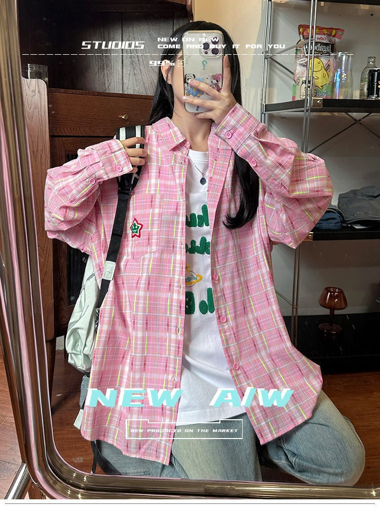 Ice Blue Plaid Long Sleeve Shirt Unisex Premium Cleanfit Denim Fabric V-neck Open Cardigan Style Holiday Vibes Short Length