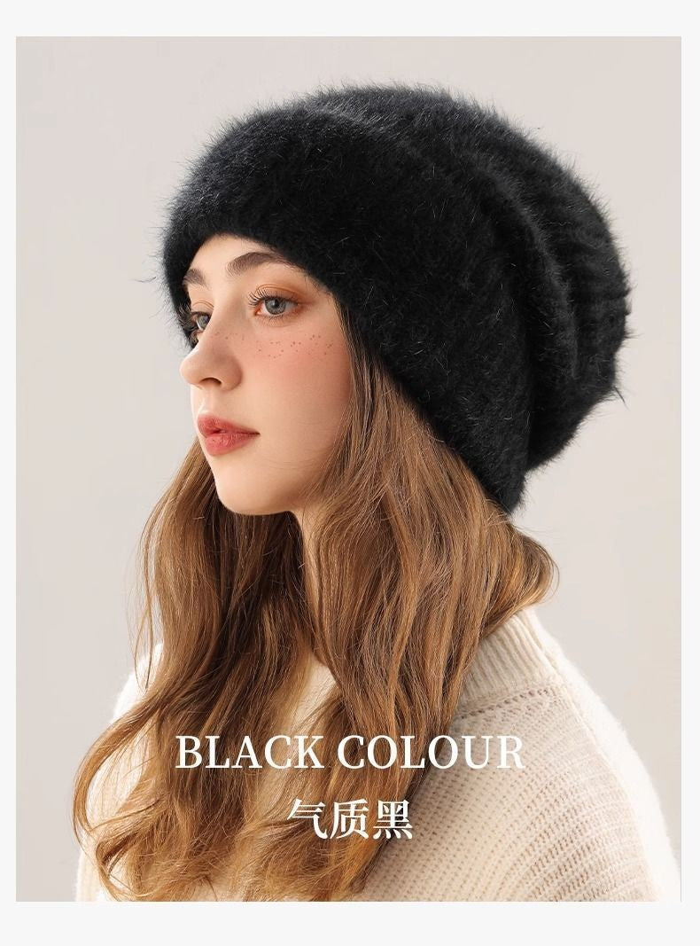 Angora Rabbit Fur Beanies Women's Warm Fluffy Knitted Slouchy Beanie Hat Female Soft Oversize Thermal Hats Autumn Winter
