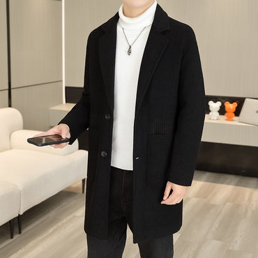 Men's Long Over-the-Knee Trench Coat Youth Black Business Casual Suit Collar Overcoat Mid-Length Trench Coat