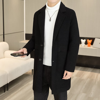 Men's Long Over-the-Knee Trench Coat Youth Black Business Casual Suit Collar Overcoat Mid-Length Trench Coat