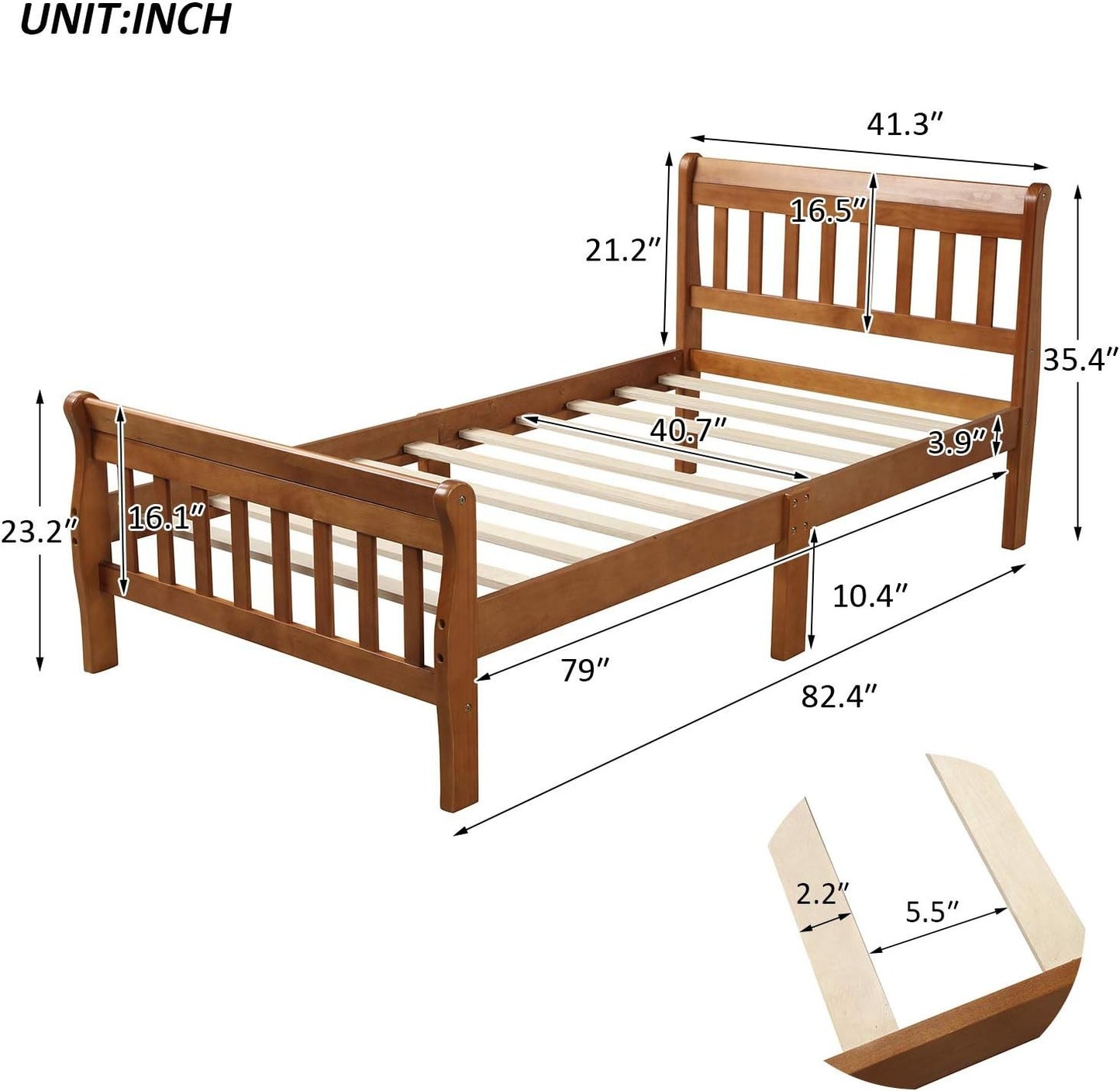 Cama de Trenó Moderna de Madeira Solteiro para Crianças, Estrutura de Cama Plataforma Solteiro com Cabeceira e Peseira, Suporte de Estrado de Madeira, Não Precisa de Box