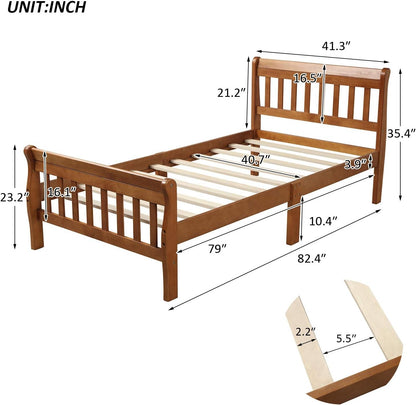 Cama de Trenó Moderna de Madeira Solteiro para Crianças, Estrutura de Cama Plataforma Solteiro com Cabeceira e Peseira, Suporte de Estrado de Madeira, Não Precisa de Box