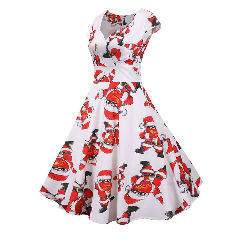 Fashion V-neck Short Sleeve Printed Christmas Dress Large Swing Vintage Elegant Xmas Party Dress