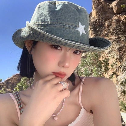 Kawaii Denim Star Fisherman Hat Wide Brim Y2K Outdoor Sun Hat Sunshade Adjustable Western Cowboy Hat Fishing