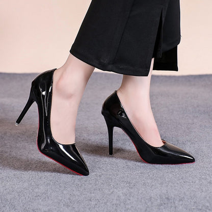 Sapatos de Salto Agulha Bico Fino de Couro Sintético Envernizado Sensuais, Sola Vermelha para Festa, Sapatos de Trabalho Pretos Clássicos para Meninas com Temperamento