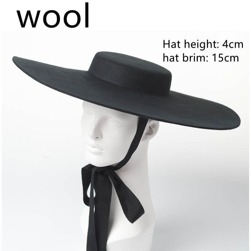Chapéu de feltro de lã de 4cm de altura, aba grande de 15cm, chapéu fedora de copa rasa para homens e mulheres, chapéu de aba grande novo.