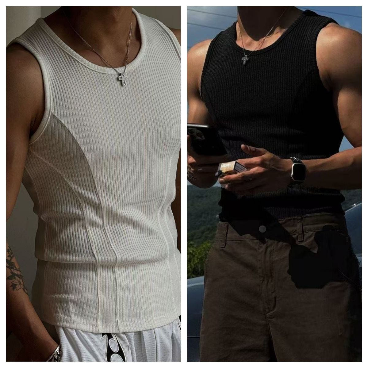 Summer American Men's Vest Wearing Thick Thread Slim Vest Men's Sports Training Striped Vest Base T-shirt Fitness GYM
