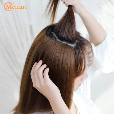 MEIFAN Synthetic Long Straight U-Shaped Half Head Wig for Women Black Brown Clips in Hair Extension Natural Fake Hairpieces