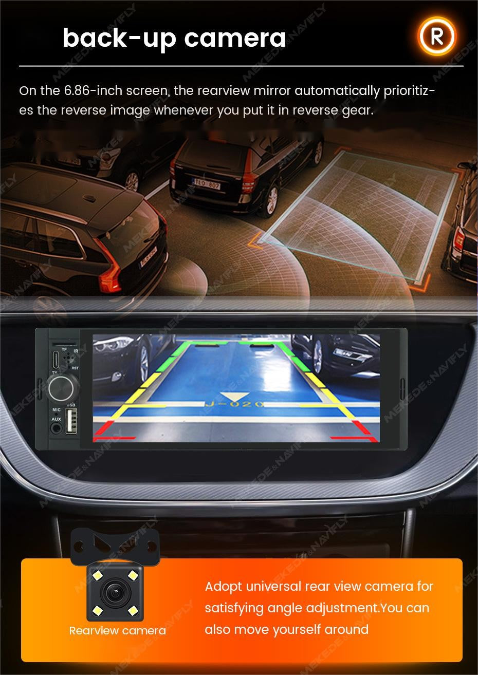 MEKEDE 1Din 6.86 polegadas Carplay Android Auto Rádio Automotivo Universal Reprodutor Multimídia com BT FM Estéreo USB Tipo-C Câmera Unidade Principal