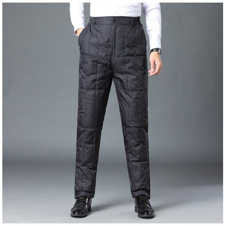 Inverno Masculino Calça de Pato Branco Cintura Alta Engrossada Quente Corta-Vento Térmica Calças para Homem de Meia-Idade PT-593