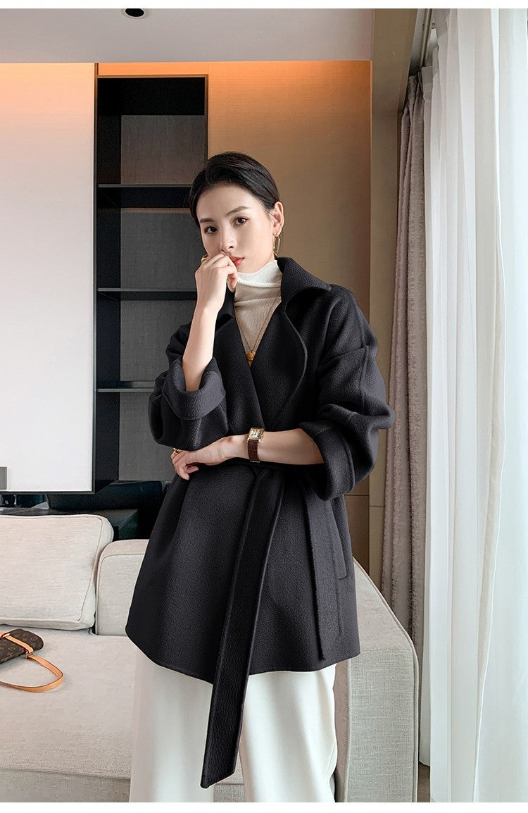 Autumn New Short Double-sided Cashmere Water Ripple Coat Women Turn-down Collar Loose Tempeament Warm Casual wool Jacket Female
