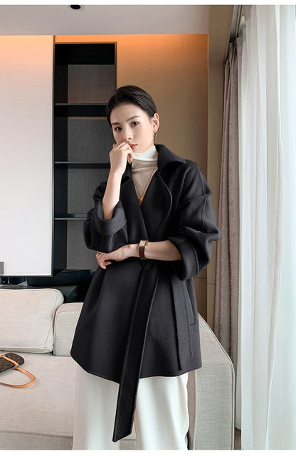 Autumn New Short Double-sided Cashmere Water Ripple Coat Women Turn-down Collar Loose Tempeament Warm Casual wool Jacket Female