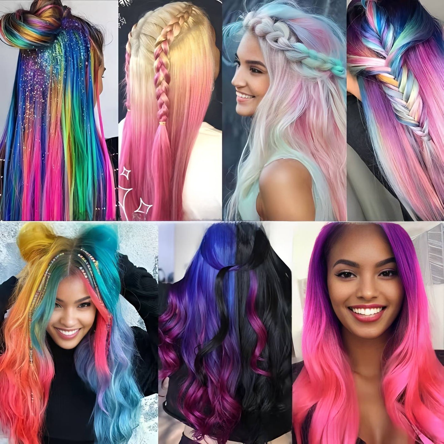 Extensões de Cabelo com Brilho em Degradê de Três Cores, Presilhas em Cabelo Sintético Arco-Íris com Brilho, Extensões de Cabelo com Brilho Resistentes ao Calor