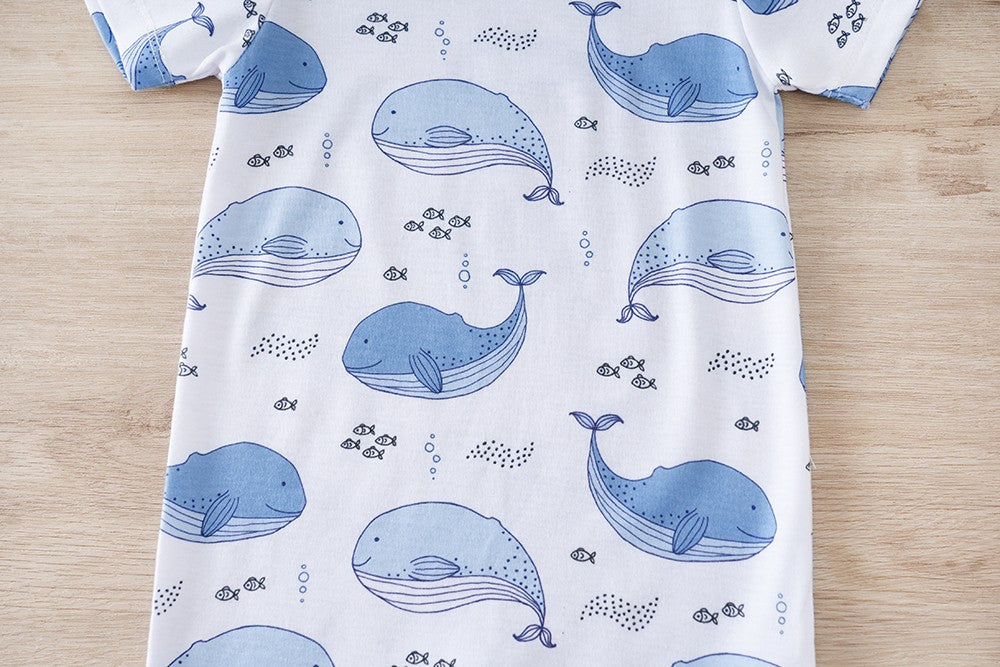 IURNXB Baby Romper Short Sleeve Infant Whale Print Bodysuit Newborn Cartoon Allover Printed Onesie for Boy's Clothing 0-18M