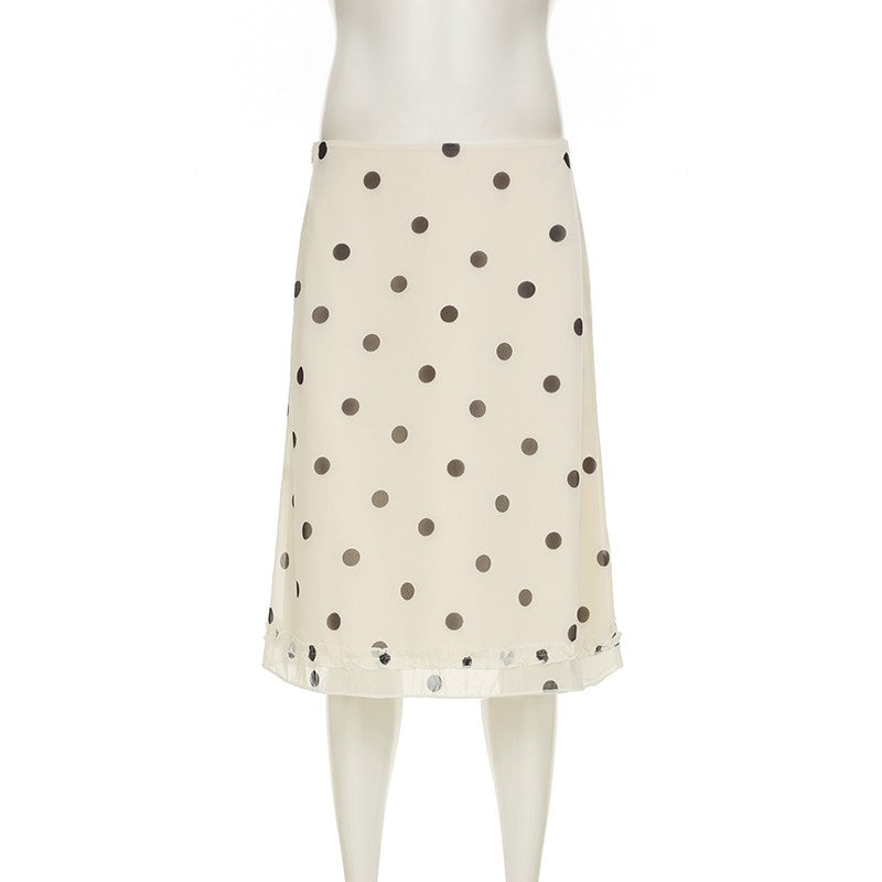 BIIKPIIK Casual Women Polka Dot Skirts Lettuce Trim Beige Elegant Midi Skirts St