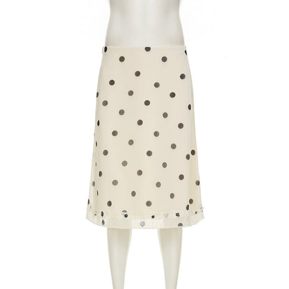 BIIKPIIK Casual Women Polka Dot Skirts Lettuce Trim Beige Elegant Midi Skirts St
