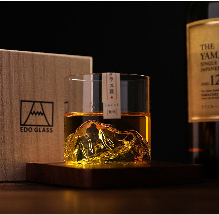 Conjunto de Copos de Uísque de Montanha Glacial 3D Japonesa - Copos Baixos & para Pedras com Caixa de Presente de Madeira para Uísque, Vodka, Vinho