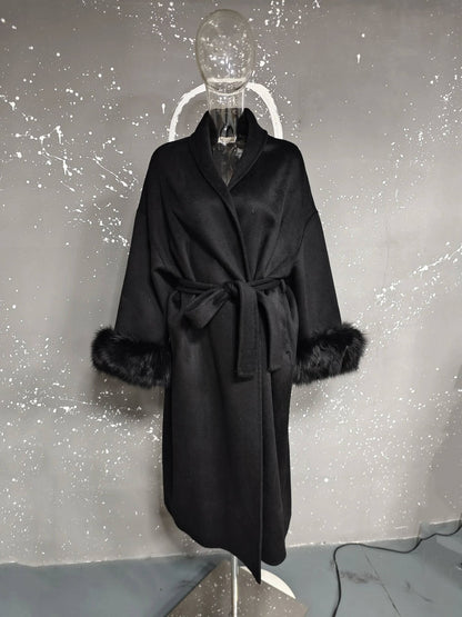 [EWQ] Wool Fox Fur Sleeve Women Coat Elegant Clothing Autumn 2025 Winter Double-sided Jacket Big Size Wine Red Overcoats 16O2751