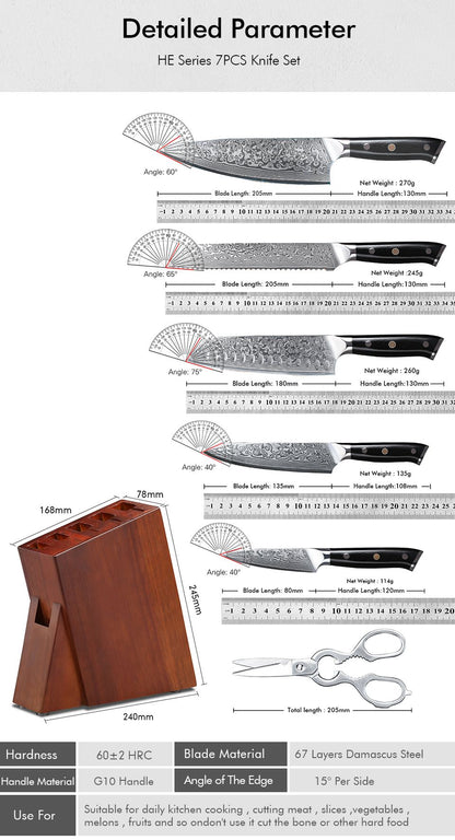TURWHO Melhores Utensílios de Cozinha de 1 ou 7 Peças, Conjunto Profissional de Aço Damasco de 67 Camadas Com Excelente Bloco de Facas de Madeira de Acácia
