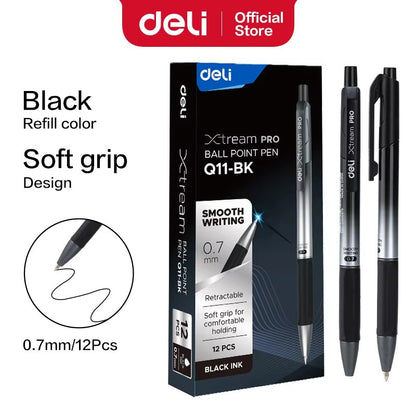 DELI Smooth Writing Ballpoint Pens 0.7mm Black and Blue Ink Pens 12PCS Pack of Retractable Ballpoint Pens for Office School Home