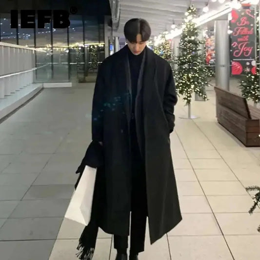 IEFB Korean Style Men's Fashion Tide Woolen Coat Single Breasted Overcoat 2025 Autumn New Stylish Trench Casual Loose Fit 9D1655