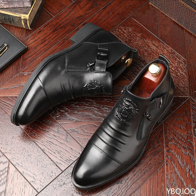 Botas Masculinas de Inverno Elegantes Cano Curto Antiderrapantes Couro Sapatos Britânicos Zíper Botas Cavaleiro Preto Bico Fino Plataforma Punk Botas Masculinas Botas