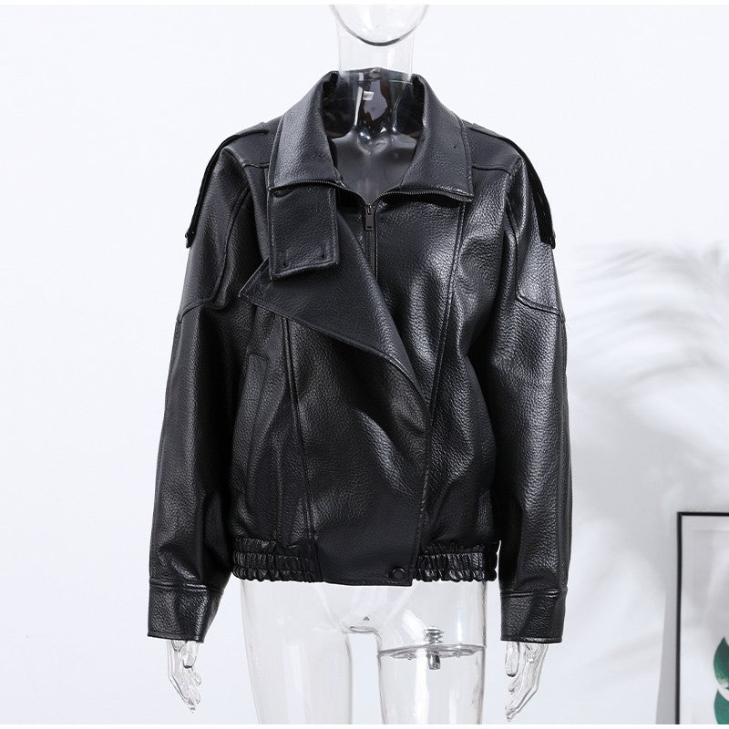 Street Stand Collar Women's Leather Jacket Loose Long Sleeve Zipper Pockets Chic Female Coats 2025 Autumn Winter Lady Outerwear
