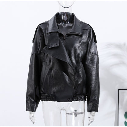 Street Stand Collar Women's Leather Jacket Loose Long Sleeve Zipper Pockets Chic Female Coats 2025 Autumn Winter Lady Outerwear