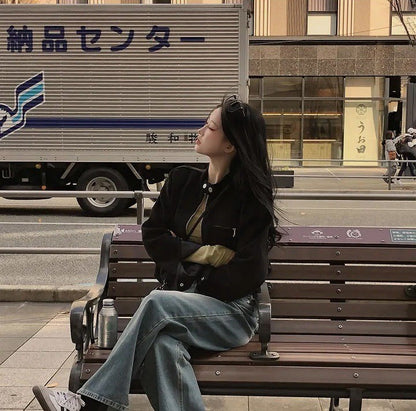 Retro American Coffee Brown Copper Zipper Button Short Jacket 2025 Autumn Trendy PU Leather Jacket Versatile for Dynamic Women