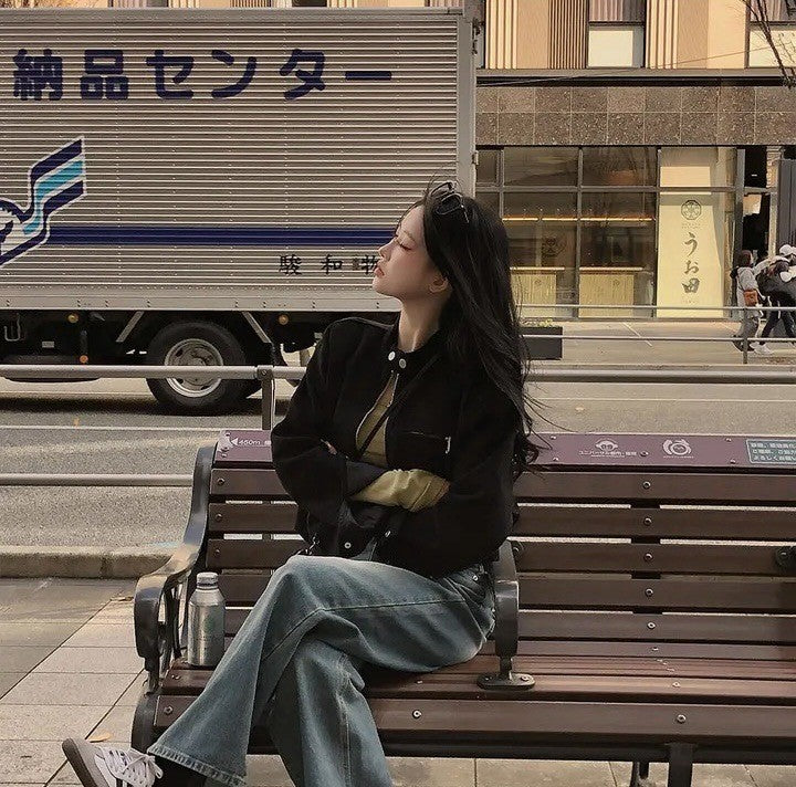 Retro American Coffee Brown Copper Zipper Button Short Jacket 2025 Autumn Trendy PU Leather Jacket Versatile for Dynamic Women