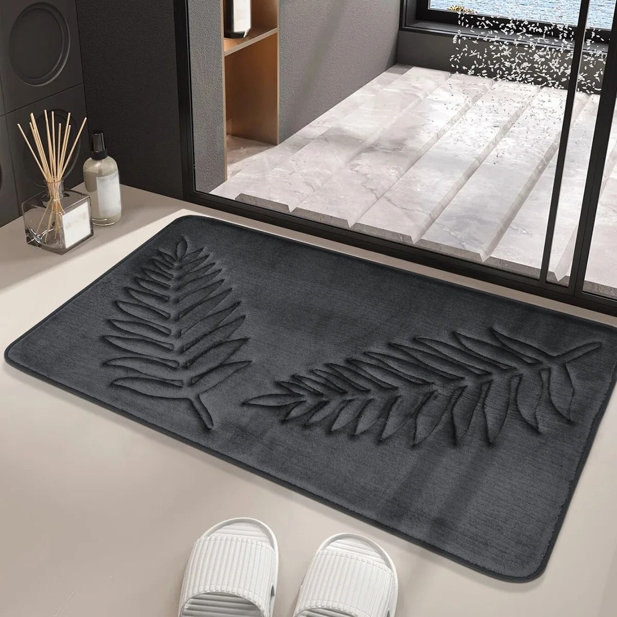 Conjunto de 3 Peças de Tapetes de Banheiro em Espuma de Memória, Ultramacios e Absorventes, com Estampa de Folhas, Tapetes de Banho Grossos e Laváveis Para Vaso Sanitário e Banheira