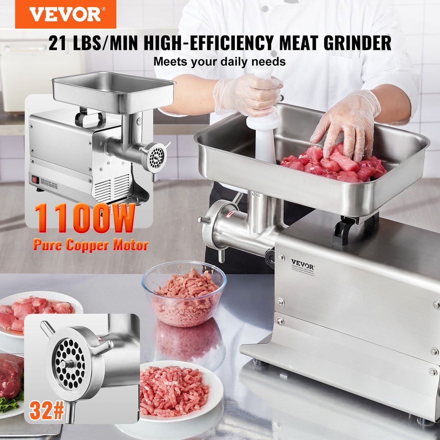Moedor de Carne Elétrico VEVOR, Moedores de Carne e Lâmina, Chapa de Moagem em Aço Inoxidável Comercial para Cozinha, Restaurante, Açougue