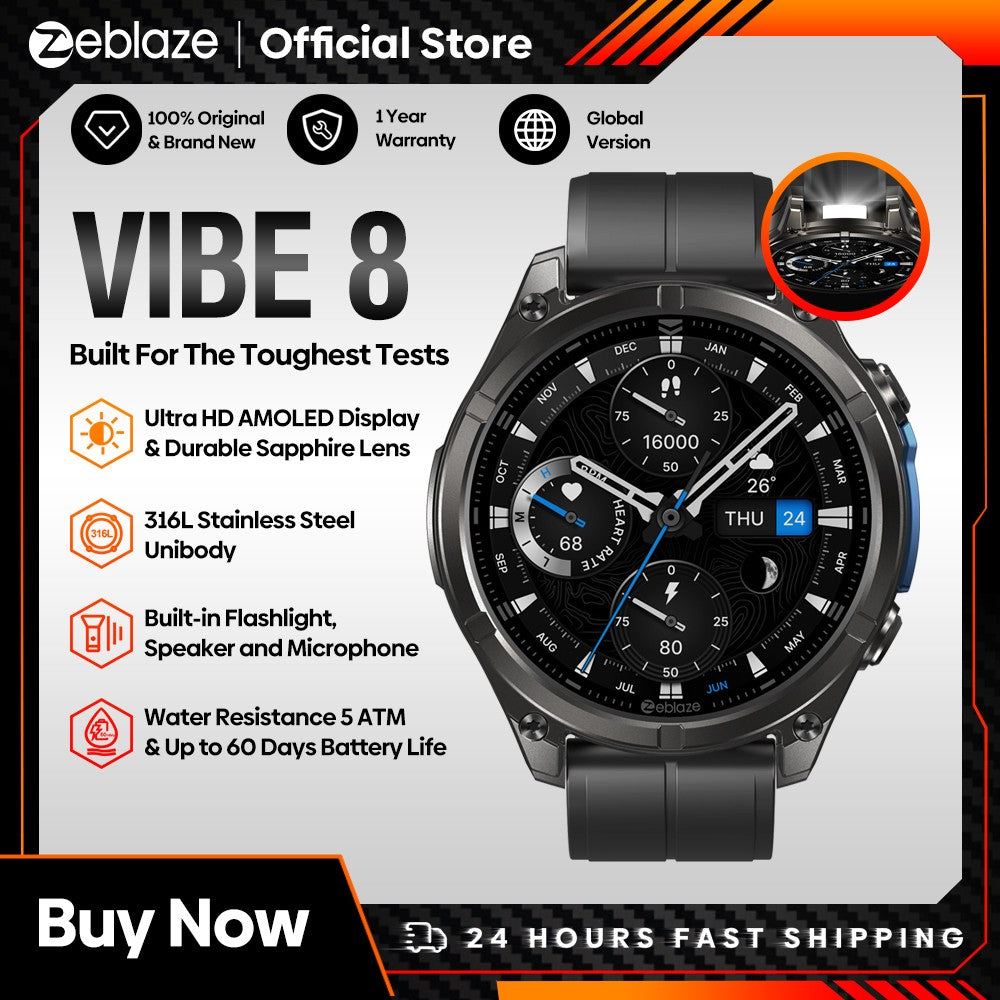 NOVO Smartwatch Zeblaze VIBE 8 com Chamada de Voz, Tela AMOLED de 1,43", Lanterna Embutida, Frequência Cardíaca e Pressão Arterial 2025