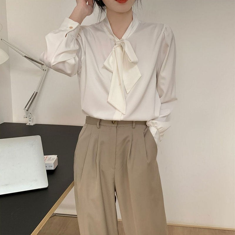 Bow Tie Chiffon Shirts Casual Long Sleeve White Blouse Women's Elegant Business Loose Blouses Ladies Spring and Autumn Chic Tops